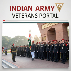 Website homepage featuring 'Indian Army Veterans Portal' header. Central image is a group photo with veterans in formal military uniforms. Footer includes site purpose and key features.