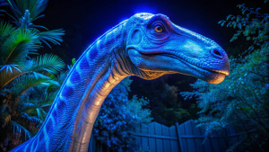 Brachiosaurus, the picture blue light Brachiosaurus head, without words,zoo on backgroung, looks to the left