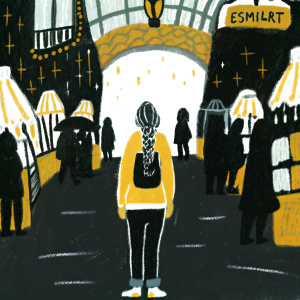 Illustration of Hermione Granger in a bustling Hogsmeade village. Vibrant colors, lively atmosphere. Hermione is seen in a casual attire, her hair in a braid. The background is detailed with shops and students. Watermark: 'ESMILART' subtly visible