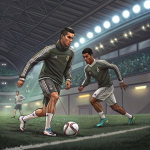 Cristiano Ronaldo and Casemiro, in training gear, practicing on an indoor stadium field.