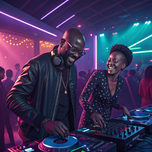 DJ Black Coffee and Esona Maphumulo celebrating at an after-party. Neon lights and crowded dance floor.