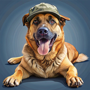 perro German Shepeherd X labrador marron con cara anchita y con manchas cafes acostado con gorra de rapero y la lengua a fuera vectorizado