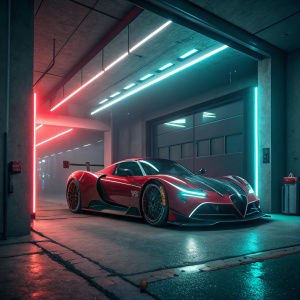 The Alfa Romeo 8C-R Tazio, a high-performance concept car, in a futuristic garage. Glowing neon lights and sleek design.