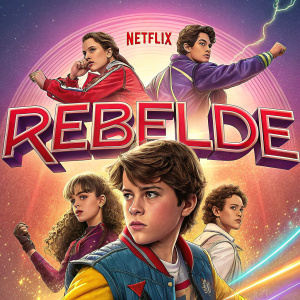 A promotional poster for Netflix's 'Rebelde' featuring a cast of young actors in dynamic poses. Set against a colorful background, the text is in Spanish and announces the premiere date.