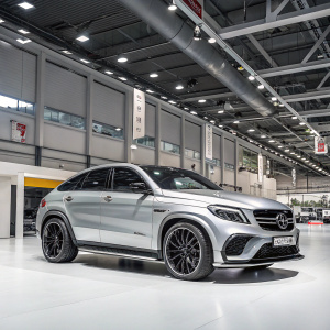 Sleek silver Mercedes-Benz GLE Coupe by Hamann at the Auto Expo. Polished white floor, industrial hall with structured lighting and banners.