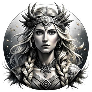 Freya - Nordic Goddess perfect realistic art, high-definition grey and black, white background tattoo design