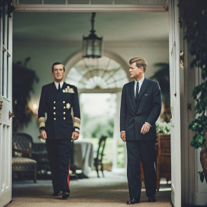 Historic photograph of Admiral Lord Mountbatten and President John F. Kennedy inside the White House. Both in formal attire. Mountbatten in a decorated uniform, Kennedy in a dark suit and tie.