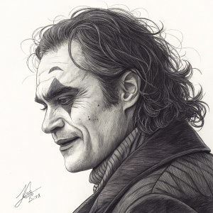 A detailed charcoal drawing of Joaquin Phoenix as Joker. The image focuses closely on his face, showcasing intricate lines and shadows. Signature visible at bottom right corner.