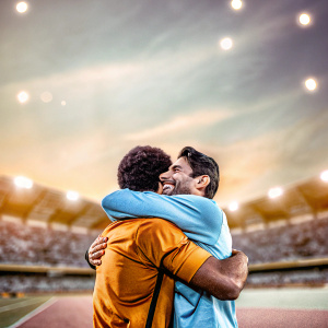 Mikel Arteta and player number 11 embracing on the sidelines. Stadium lights and fans blurred in the background.