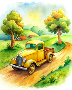 an old yellow pickup truck, children's book cover,  Le Petit Prince vibes