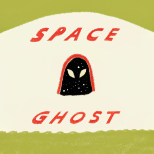 The logo for Space Ghost features a dark, mask-like face with a long profile in a red and black color scheme. The word 'SPACE GHOST' in bold crimson letters is positioned above the face.