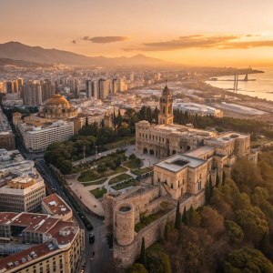From an elevated viewpoint, the bustling city of Málaga comes alive at sunset. The image showcases a blend of modern skyscrapers and ancient structures with stone facades and turrets, bathed in warm golden hues.