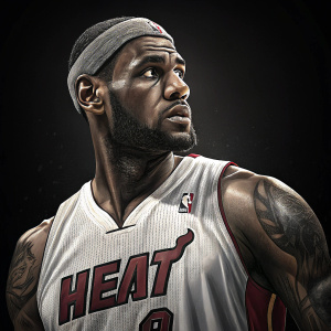 LeBron James, intense look, wearing Miami Heat jersey. Stark black background, spotlighted center stage.