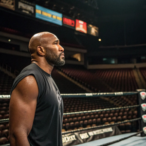 Yoel Romero, Cuban UFC fighter, standing alone in a boxing ring. Solemn expression, focused gaze. Sparse arena with boxing posters in the background.