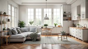 Scandinavian style small studio apartment with stylish design in light pastel colors with big window, living room, kitchen space and bed. 