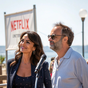 Maria Grazia Cucinotta and Giulio Violati at an outdoor press conference. Both dressed in casual attire. Bright daylight, banner with Netflix logo in background
