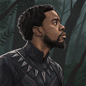 Sketch of Black Panther from Marvel Comics. Incomplete drawing, focusing on face and hair. Dark attire with intricate patterns. Dark, forest-like background. Hand-drawn style with unfinished touches. Light shading on dark colors.