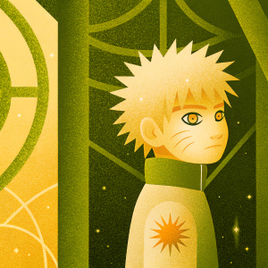 Illustration of young Naruto with spiky hair, intense expression. Dark, vibrant background filled with glowing, intricate patterns. Anime-style design on left side, dominated by warm colors.