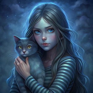 Niña de piel morena  cabello castaño largo y con ojos claros delgada y rasgos finos abrazando a su gato gris con rayas 