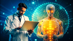  Medical technology, innovation health and medical research, healthcare and medicine concept. Doctor or technician working with AI data analysis, lab experiment, data science