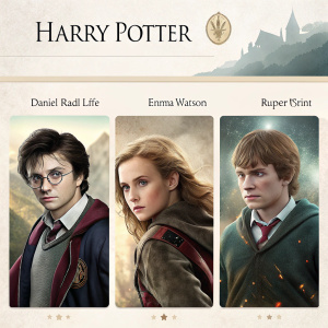 Homepage for Harry Potter fans. Light background with high-resolution images of stars like Daniel Radcliffe, Emma Watson, Rupert Grint, and others. The layout features interactive tabs for each character. Movie posters and quotes add to the theme.
