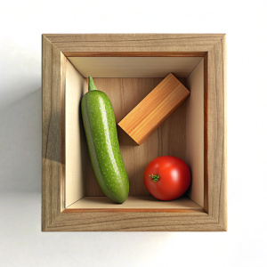 one cucumber and one tomato are lying in a wooden box on a white background top view