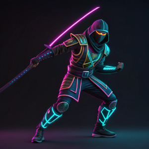 Digital 3D render of Neon Ninja character by Triotech. Futuristic design with neon colors, ready for action