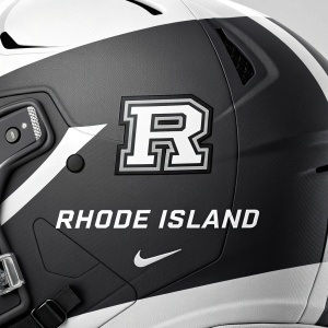 A sleek, minimalist logo for Rhode Island's football team featuring a bold, modern 'R' in black and white. The design highlights the team's identity and university branding.