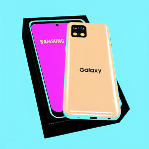 Close-up of Samsung Galaxy smartphone in sleek black packaging. Packaging adorned with Samsung logo and 'Galaxy' text. Textured, matte black surface.