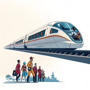 Syd Mead's artwork on the cover of 'The Movie Art of Syd Mead: Visual Futurist'. Depicts a sleek, futuristic train with people in vibrant poses. Set against a stark white background.