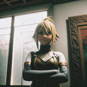 Minfilia, a youthful character, standing confidently. Blonde hair styled in a short, angled cut with a crest-like feature atop her head. Wearing a close-fitting outfit with a detailed chestpiece featuring metallic accents. Dimly lit room with abstract art as backdrop.