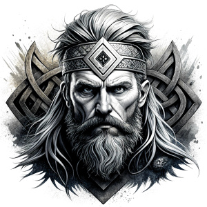 walhalla, viking warrior,  runics face, black work, white backrounds