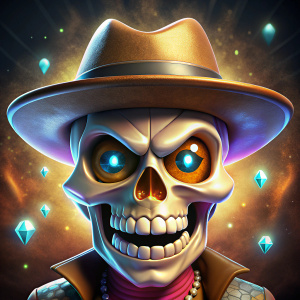 emoji scelet overlord diamonds in the eyes , wearing a cowboy hat 