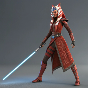 3D model of an Ahsoka Tano lookalike, in a vivid red outfit with intricate designs, poised for battle, against a simple grey backdrop.