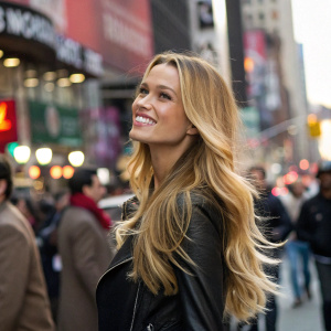Petra Nemcova, in a candid shot. She has long blonde hair and a friendly expression. The background is a bustling street scene.