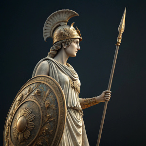 High-resolution image of a statue. Depicting Athena, ancient Greek goddess. Holding a spear and shield. Dark background