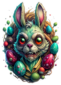 zombie bunny, tshirt design, excellent tattoo logo, easter, 32K, super clear quality, transparent quality, visual films, radiance around, eggs, stones, flight, White Background