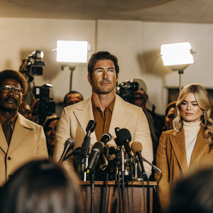 Nathan Lee Graham, Dylan McDermott, and Kim Matula stand together at a press conference. They are surrounded by microphones and cameras in a studio setting.