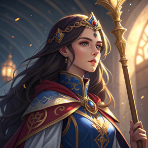 Digital art of Verica from Dragalia Lost, youthful and elegant, long dark hair with intricate forehead design, wearing a majestic blue, gold, and red attire, holding a staff, warm ambient lighting