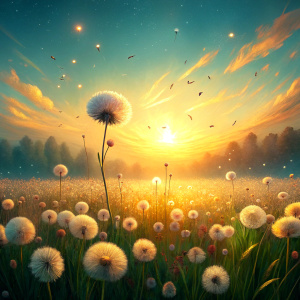 Vintage Old, Spring Meadow with small white Dandelion Flowers in Motion they fly to the wind with the Sunrise in the background. Photo Realistic