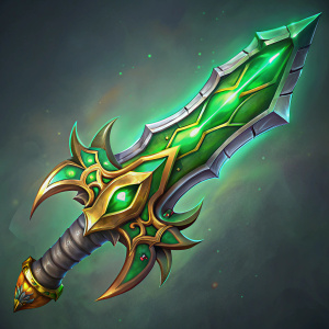 Fantasy sword, in fantasy RPG style, shades of colours: green, grey, gold. in WOW style