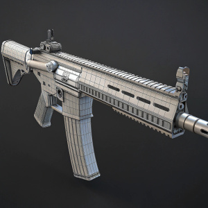 A detailed wireframe model of an HK416 assault rifle. The intricate design and structure of the weapon are clearly visible in this 3D rendering. The rifle is depicted in a sleek gray color with a profile view showcasing the long barrel and the stock at the rear.