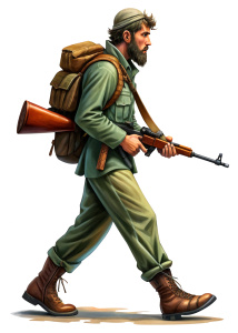 A man with a rifle, man walking, side view, cartoon, white background