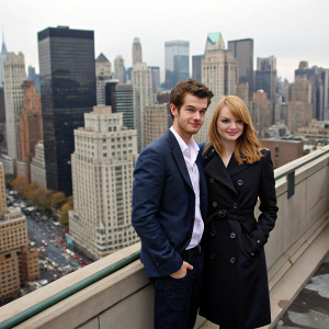 Andrew Garfield and Emma Stone on a rooftop, overlooking a bustling cityscape. Andrew is wearing a navy blazer and white shirt. Emma is in a black trench coat.