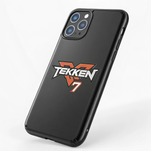 A sleek black iPhone case featuring the iconic Tekken 7 logo. The angular font design stands out prominently. The case's camera lens and button details are visible.