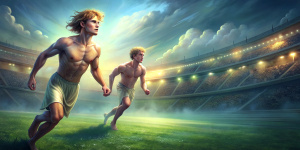 Ancient Greece. Stadium in Athens. Realistic cute shirtless slender young guys with blond wavy hair wearing short perizoma, at full height, are competing in running  on a field of short green grass in Olympic Games on a sunny afternoon.