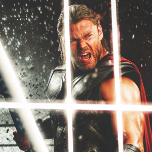 Thor in a gritty, modern comic panel. Muscular physique, grimacing in combat stance. Dark, moody background with dynamic lighting effects