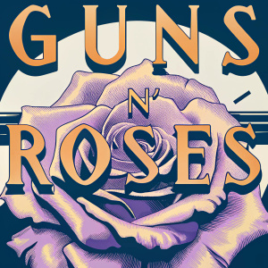Guns N' Roses band logo with intricate rose design. Black background.
