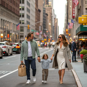 Jay Rutland and Tamara Ecclestone, a couple with their child, walking through a bustling city street.