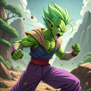 Piccolo, character from Dragon Ball Z, with a fierce expression. Fighting stance, in a vibrant digital artwork setting.